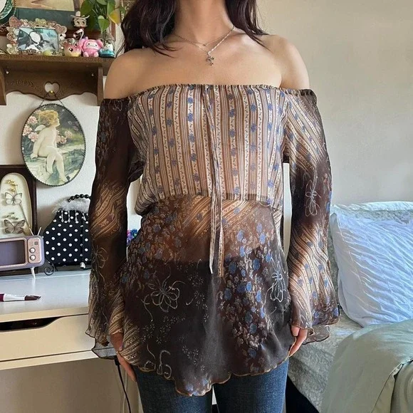 Impressions Sheer Brown and Blue Floral Flowy Top Size medium - Picture 2 of 4